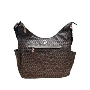 Baggallini Hobo Shoulder Bag Medium Black Gray Leaf Print Adjustable Strap